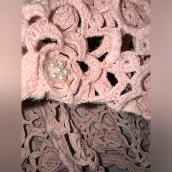 Vintage 80’s Reference Point Pastel Pink Crochet Floral Pearl Cotton Cardigan - Picture 6 of 7